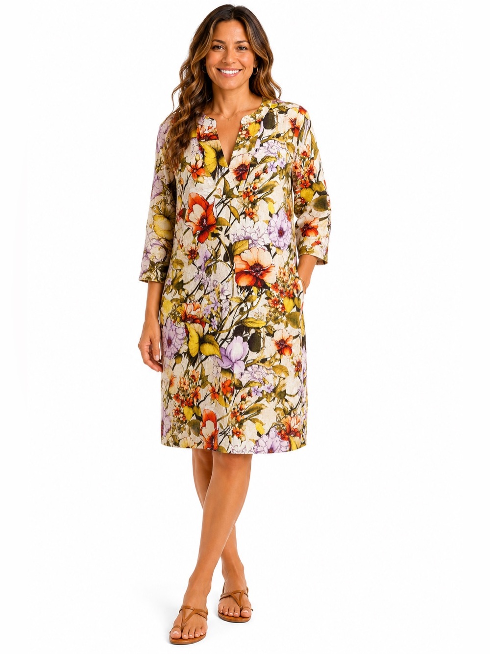 Chico’s 100% Linen Floral Shift Dress Size 1 US 8/10 Botanical Print Cottagecore